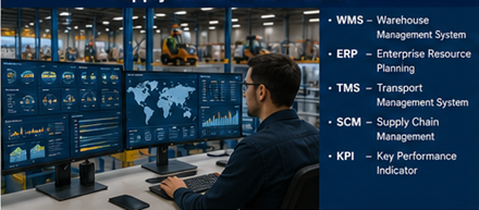 Logistikkoordinator im Lager überwacht Bestände und Supply-Chain-Abläufe auf digitalen Bildschirmen