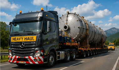 Schwertransport-Konvoi mit übergroßer Industrieladung auf europäischer Autobahn