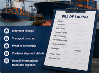 Bill of Lading als Versanddokument mit Frachtcontainern und Logistikabläufen
