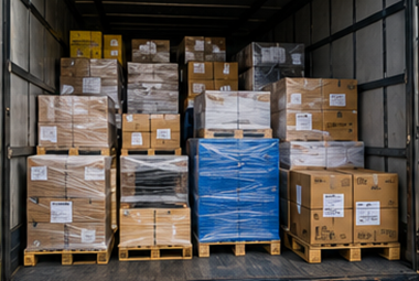 Stückgutversand mit gemeinsam genutzten Fracht-Lkw, gemischter Ladung, Paletten und europäischer Logistikdistribution
