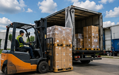 Palettentransport mit gestapelten Paletten, Gabelstaplern, Logistik-Lkw und Lager-Frachtprozessen