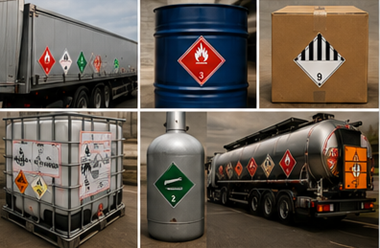ADR-Etiketten an Gefahrgutverpackungen, Lkw und Containern