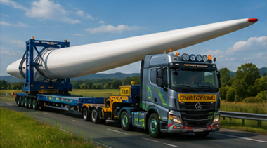 Spezialauflieger transportiert einen Windturbinenflügel durch Europa